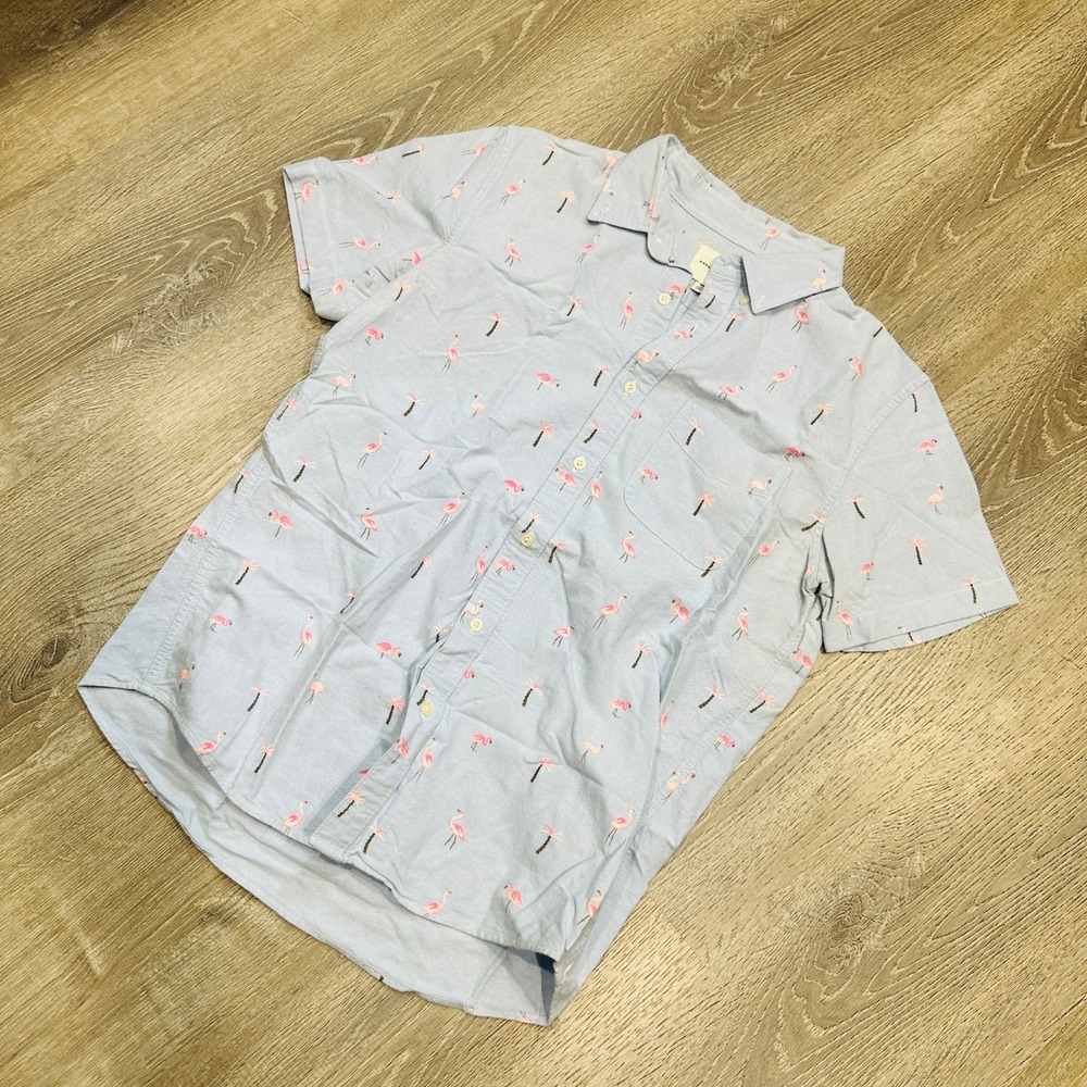 American Eagle Mens Medium Short Sleeve Flamingo Palm Tree Button Down Shirt